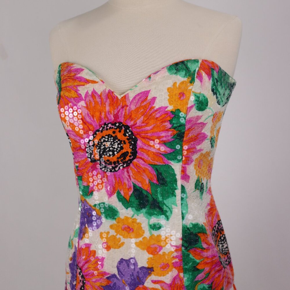 🌺 Vtg A.J. Bari Tropical Floral Ruffled Tierred Strapless Dress Party Resort